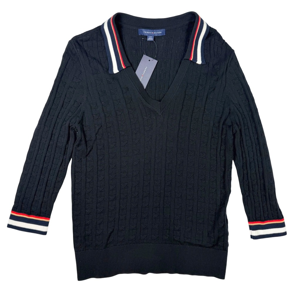 Tommy Hilfiger Cable Knit Sweater Women L Black NEW Striped Trim Polo‎ V-Neck